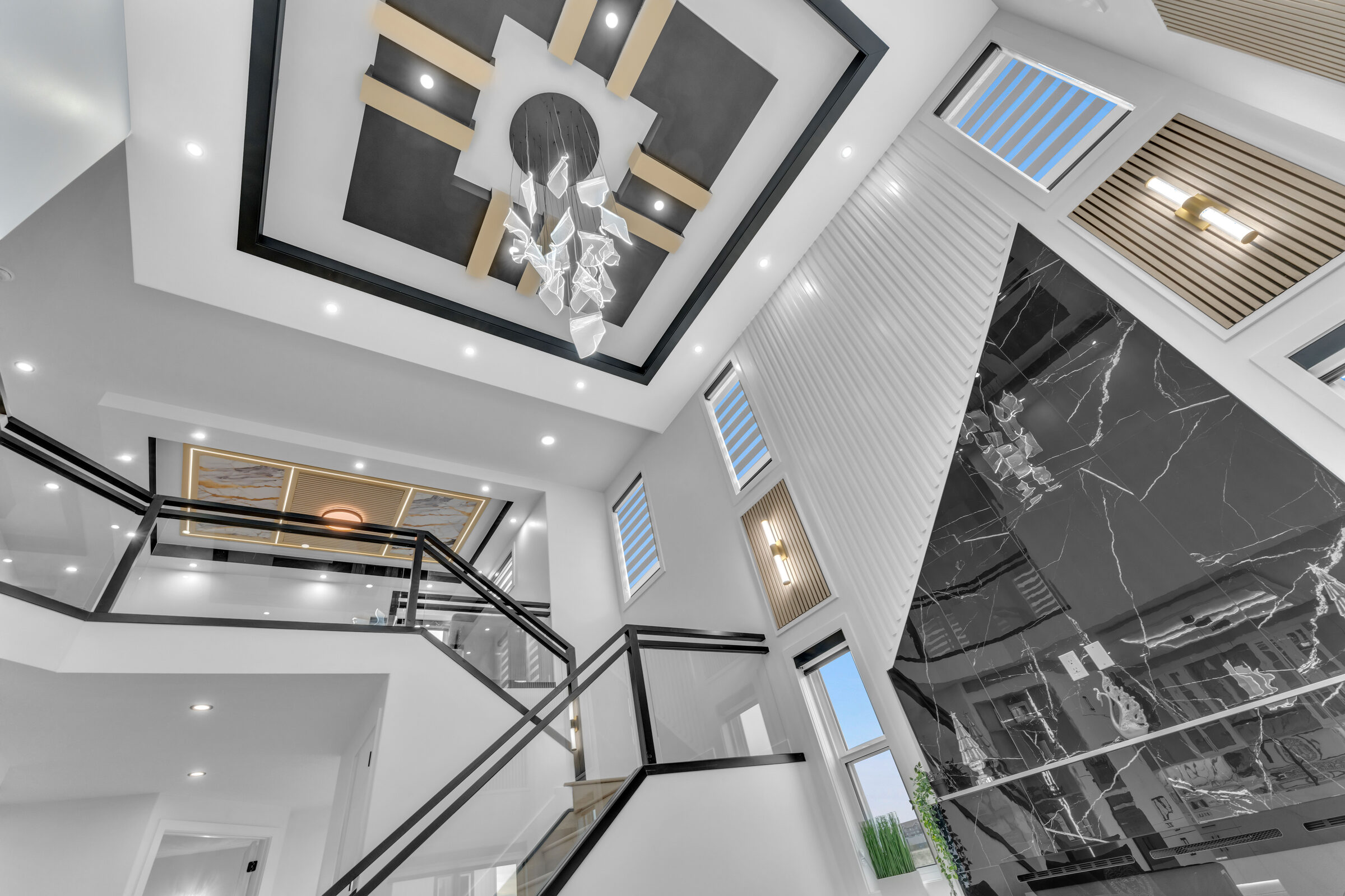 Modern duplex exterior, dusk, Beaumont